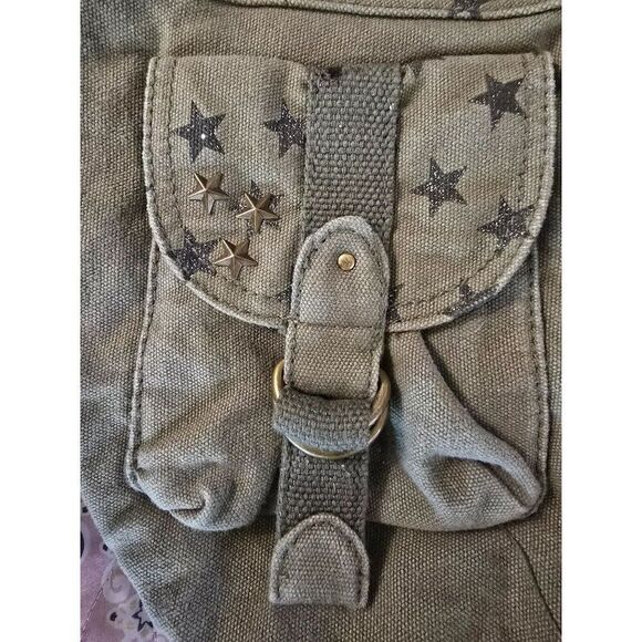 Green Canvas Tote Silver Star Print & Dual Front Buckle Pockets  Angels - Picture 8 of 9